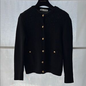 Zara Black and Gold Mock Neck Cardigan Sweater